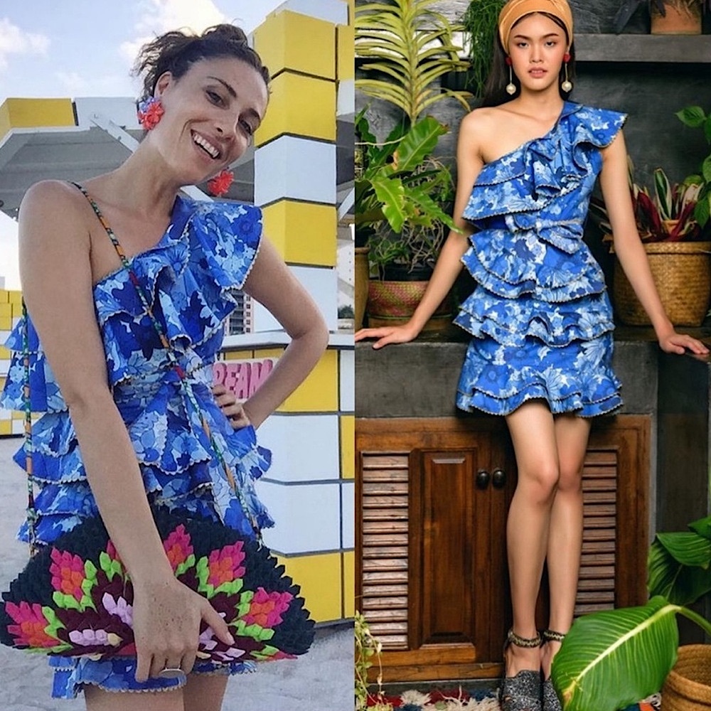 RARE Celia B One-Shoulder Mini Dress Floral Ruffle Blue White Gold Cotton Medium